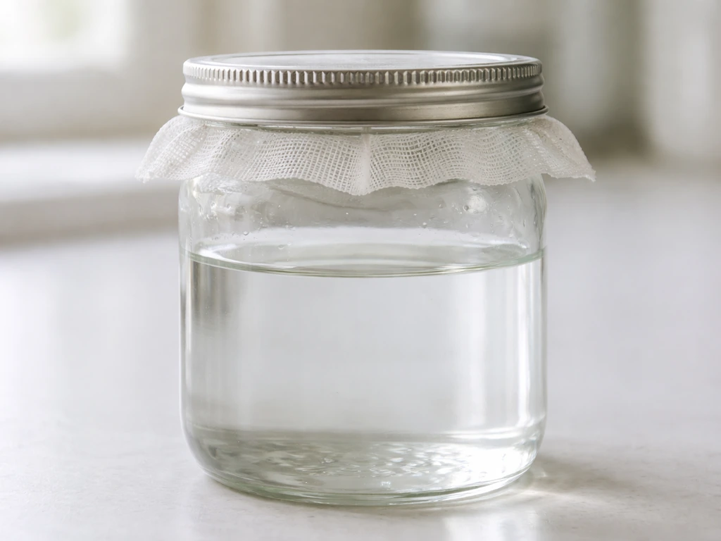 Wide-mouth mason jar on a clean counter with washed interior and lid/cover set for an airflow gap