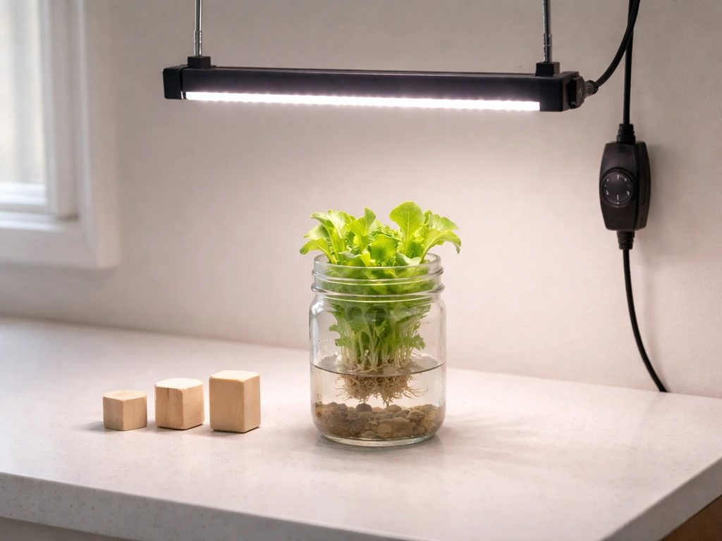 LED grow light aimed at a mason jar of lettuce seedlings on a countertop, timer dial visible.