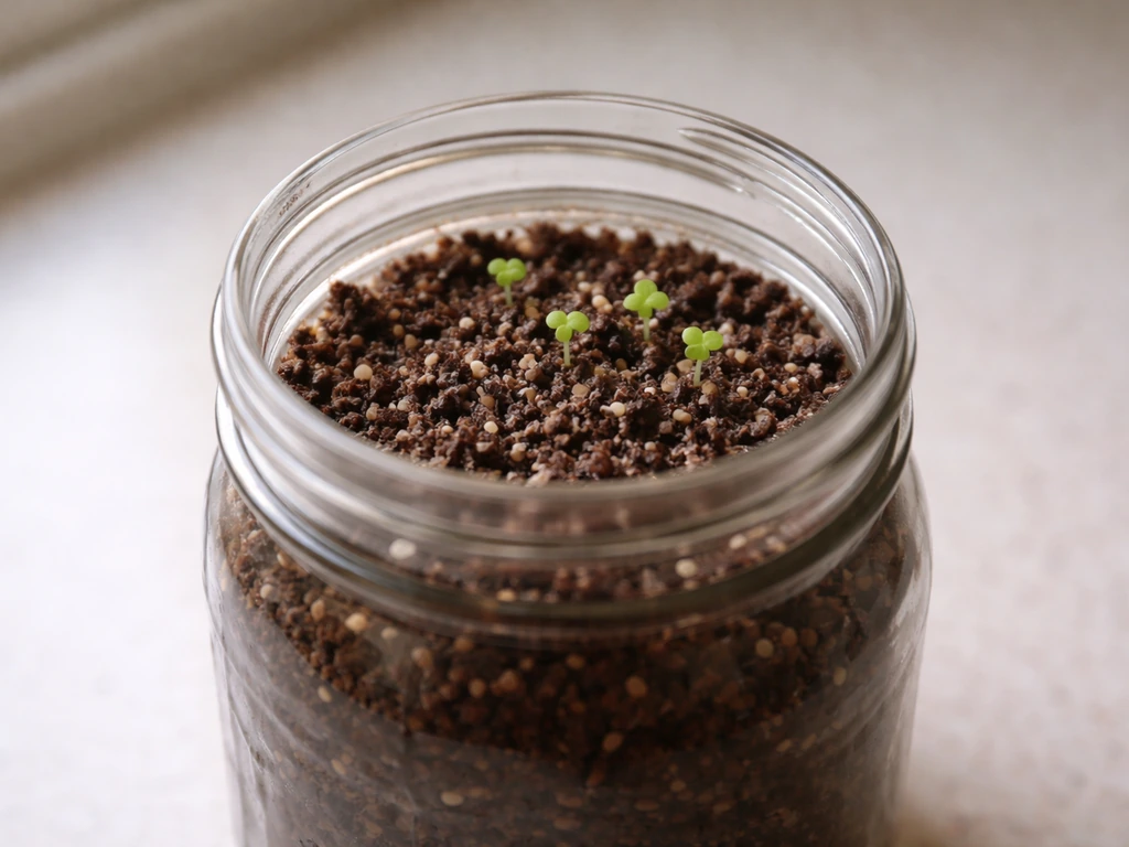 Close-up of a mason jar with moist medium, shallow lettuce seeds, and tiny seedlings emerging.