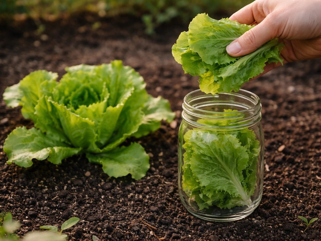 Hand clipping outer lettuce leaves into a mason jar while the plant’s center stays intact