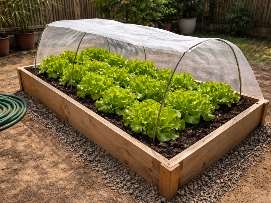 Raised lettuce bed in a Philippine backyard with shade cloth and improved drainage.