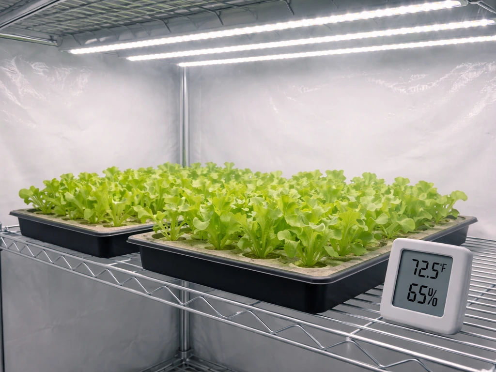 Lettuce seedlings in trays under LED grow lights with a nearby thermometer/hygrometer sensor indoors.