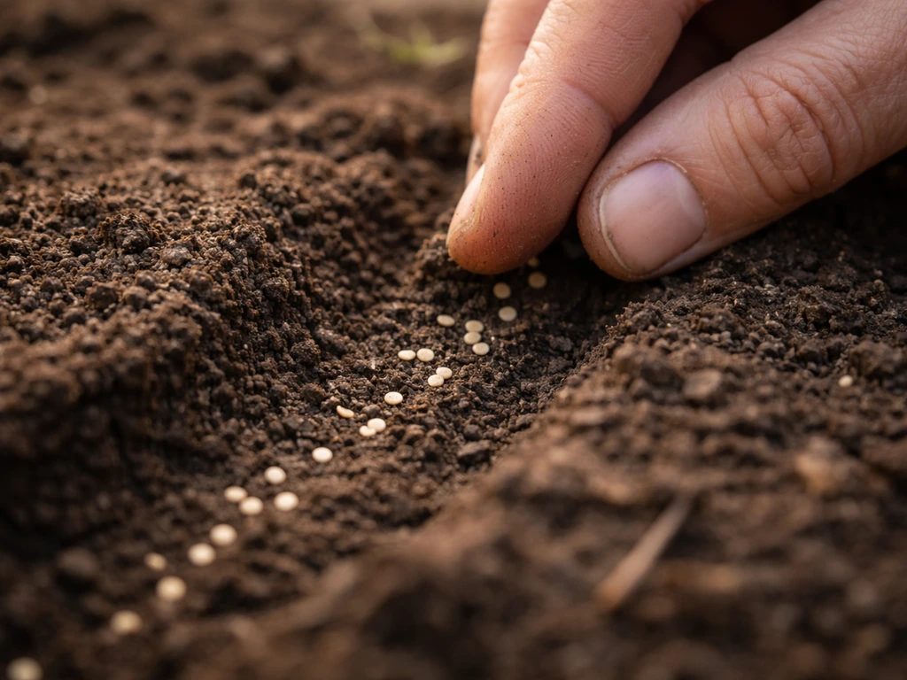 Close-up of lettuce seeds sown shallow in soil, with light visible just above the seed layer.