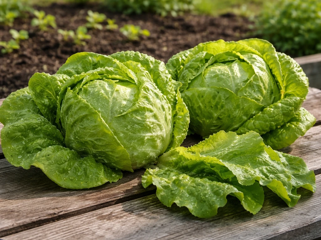 Freshly harvested crisp green lettuce heads and loose leaves on a wooden garden table.