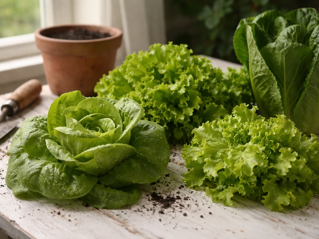 Assorted fresh lettuce varieties on a simple wooden table, hinting at UK bolt-resistant types