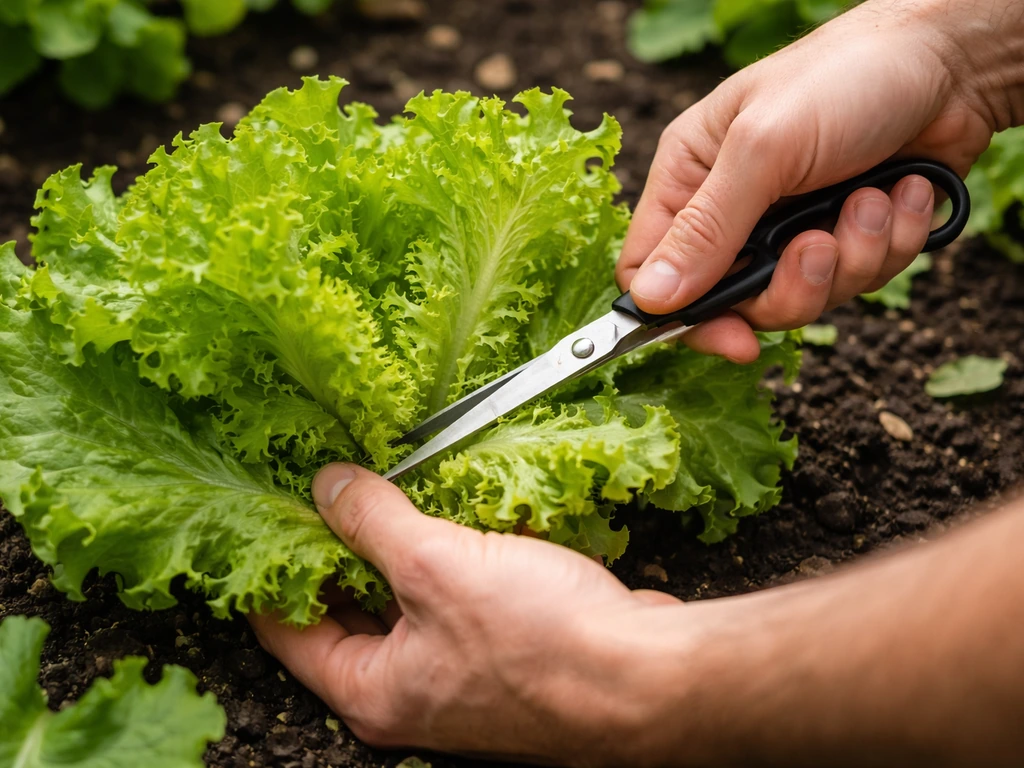 Hands snip outer leaves of loose-leaf lettuce in a garden, leaving the center intact.
