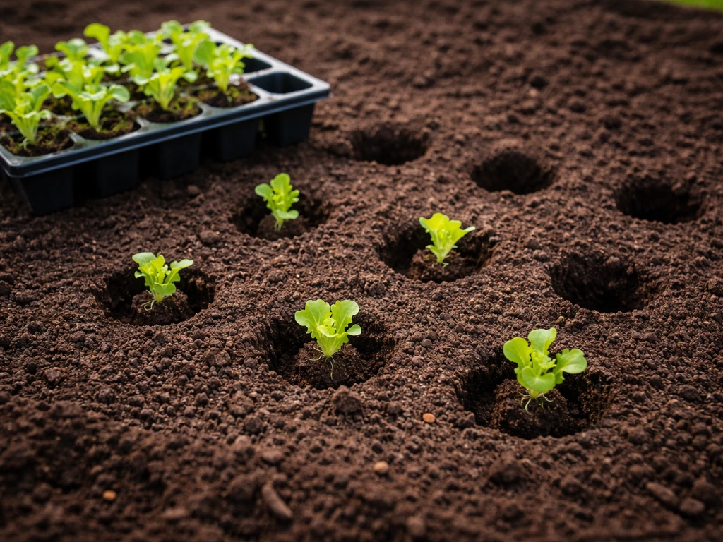 Garden bed rows with small lettuce seedlings and hand-spaced planting holes for outdoor sowing