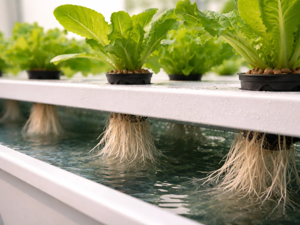 Thriving loose-leaf lettuce in a clean hydroponic channel with visible roots