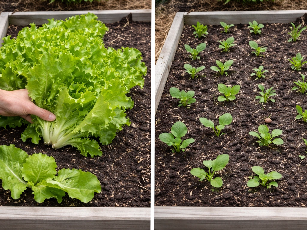 Lettuce being harvested beside fresh seedlings in the same garden beds, showing crop rotation before and after.