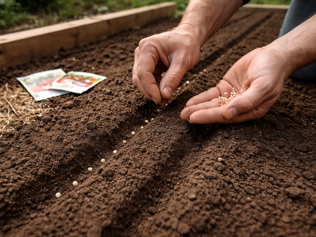 Anonymous hands sow radish seeds into freshly cleared soil after lettuce, ready for fast succession planting.