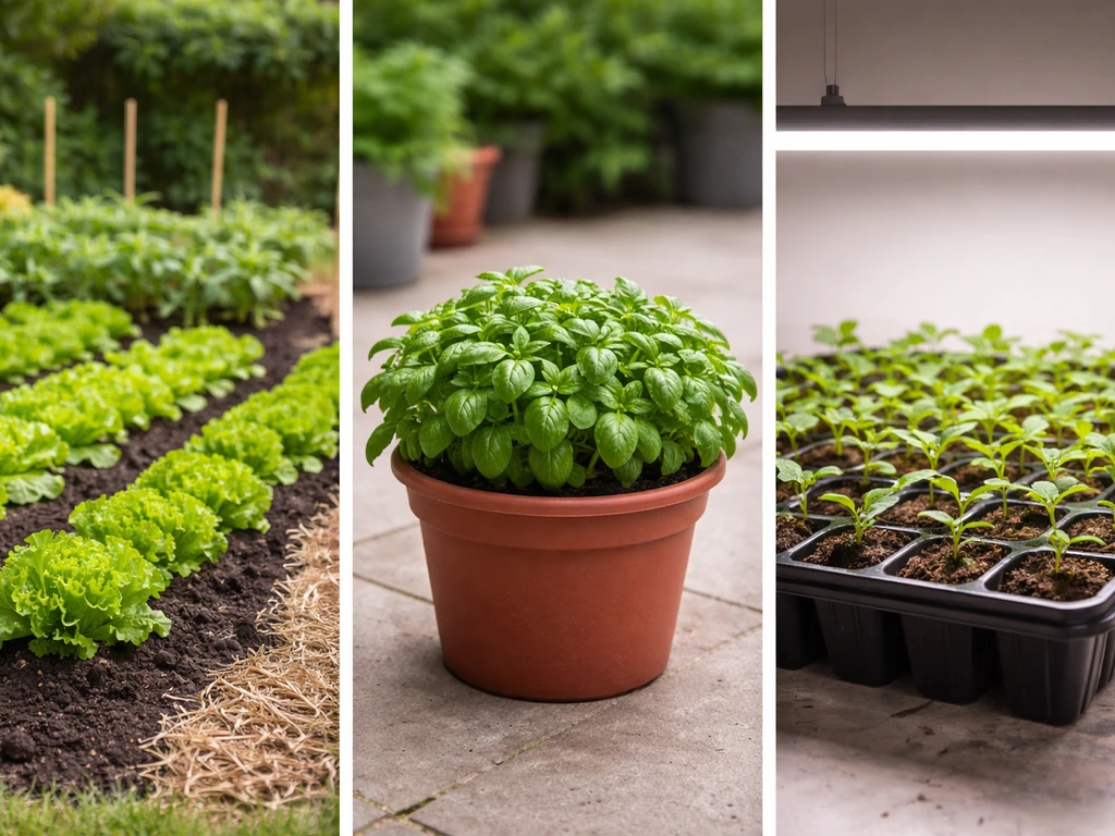 Side-by-side outdoor bed, container crop, and indoor light-grown seedlings in simple garden scenes.