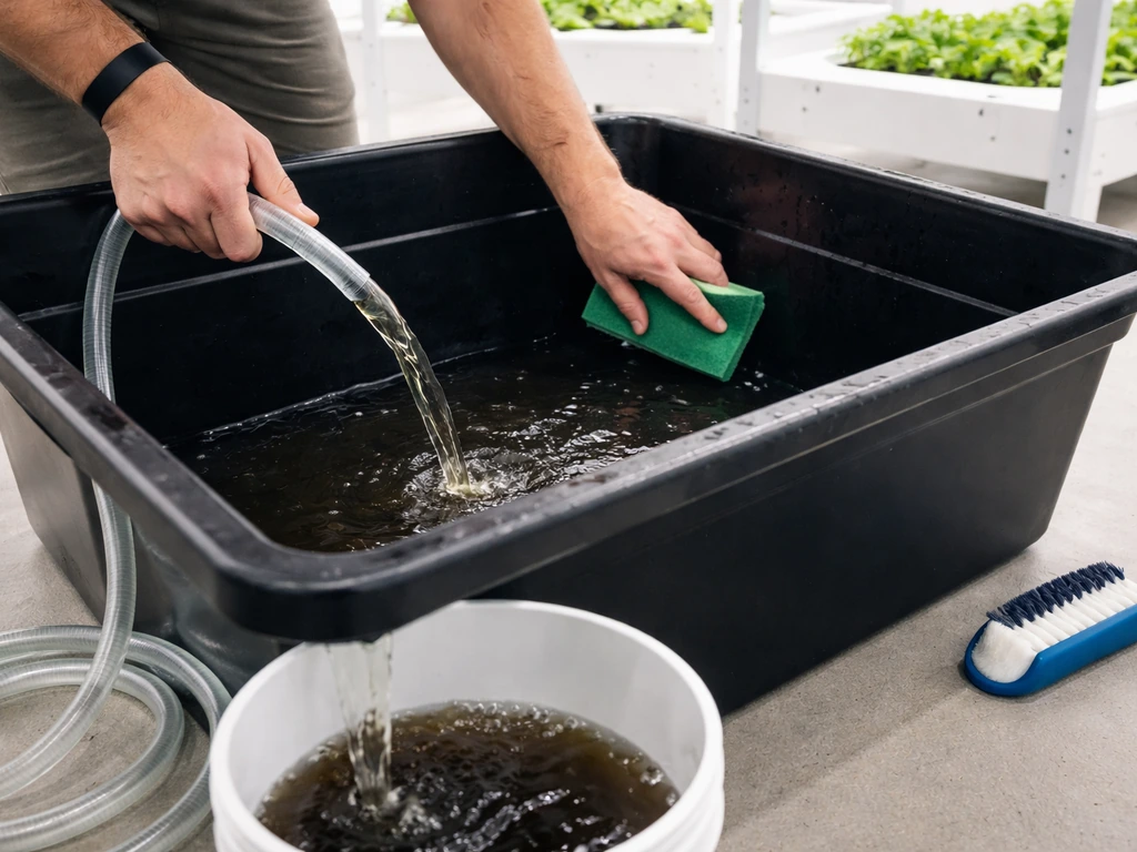 Hands draining and scrubbing a hydroponic nutrient reservoir in an indoor grow room.
