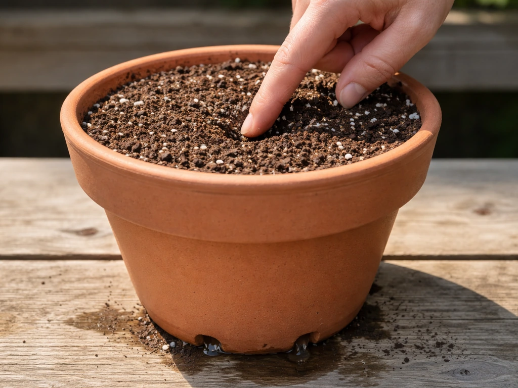 Close-up of finger checking moisture in a potted plant’s soil, with slight drainage from the bottom.