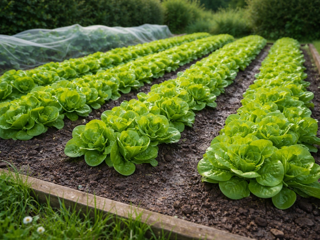 Lush lettuce growing in neat rows in an Irish garden under cool, natural light.