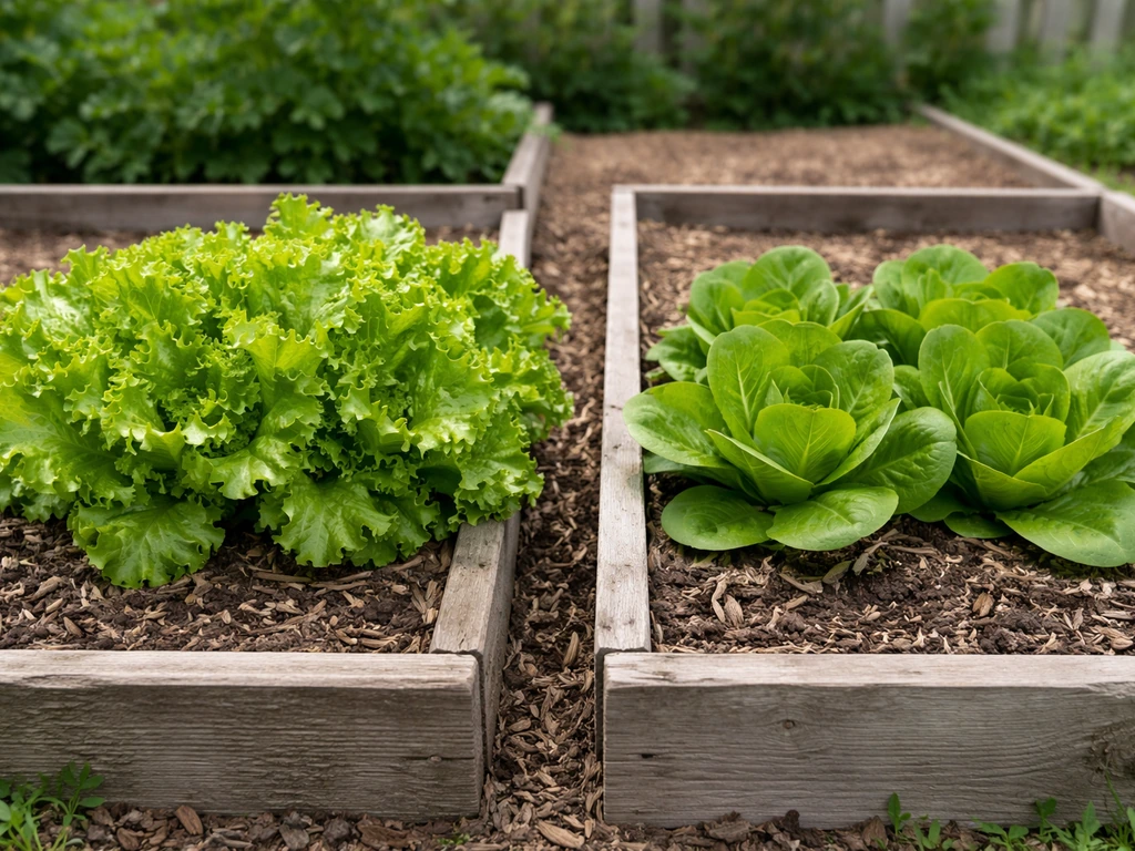 Side-by-side young lettuce plants: loose-leaf vs butterhead/cos in small garden beds