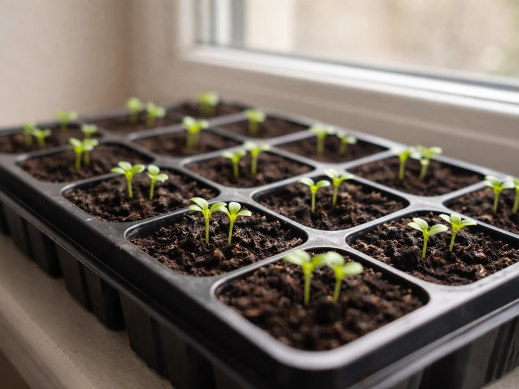 Healthy green seedlings evenly sprouting in small seed modules on a tray