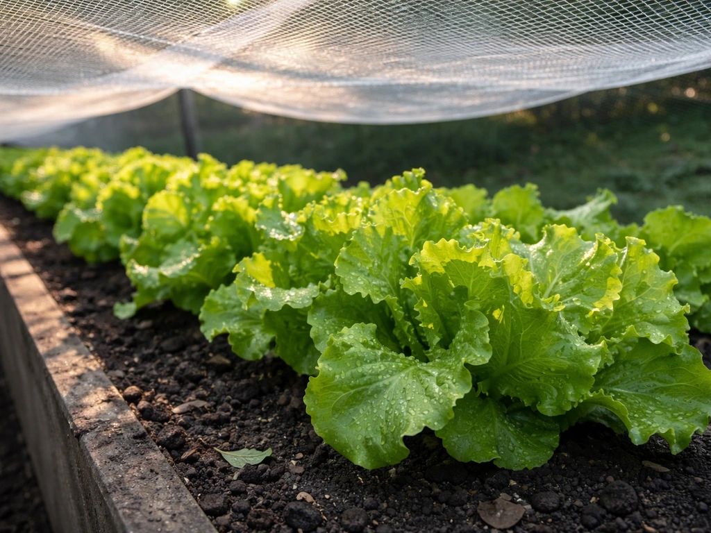 Lettuce bed under a shade net in warm weather, creating a cooler microclimate to help prevent bolting.