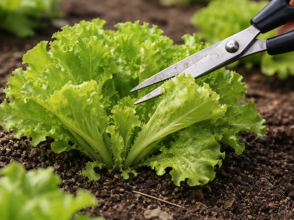 Close-up of scissors cutting baby-leaf lettuce just above the base in a small garden bed