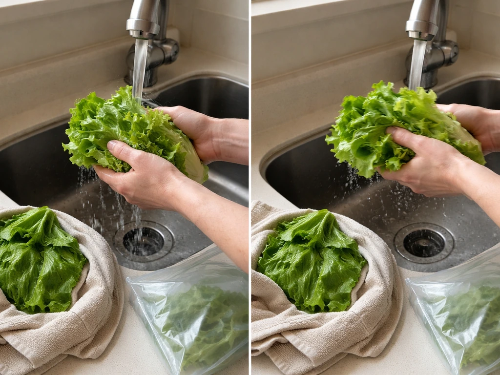 Hands rinsing fresh lettuce, shaking off water, then wrapping it in a damp towel for fridge storage