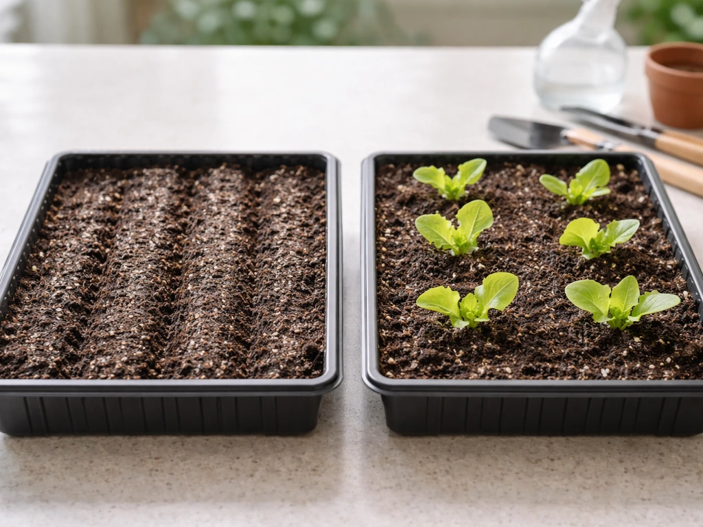 Two side-by-side butter lettuce container trays showing seed sowing vs planted seedlings with spacing.