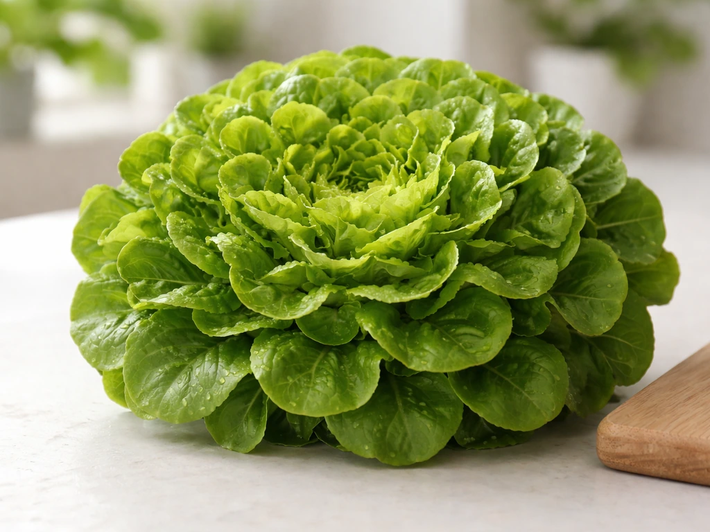 Crisp full head of Salanova lettuce on a light kitchen counter, showing dense fresh leaves and dew.