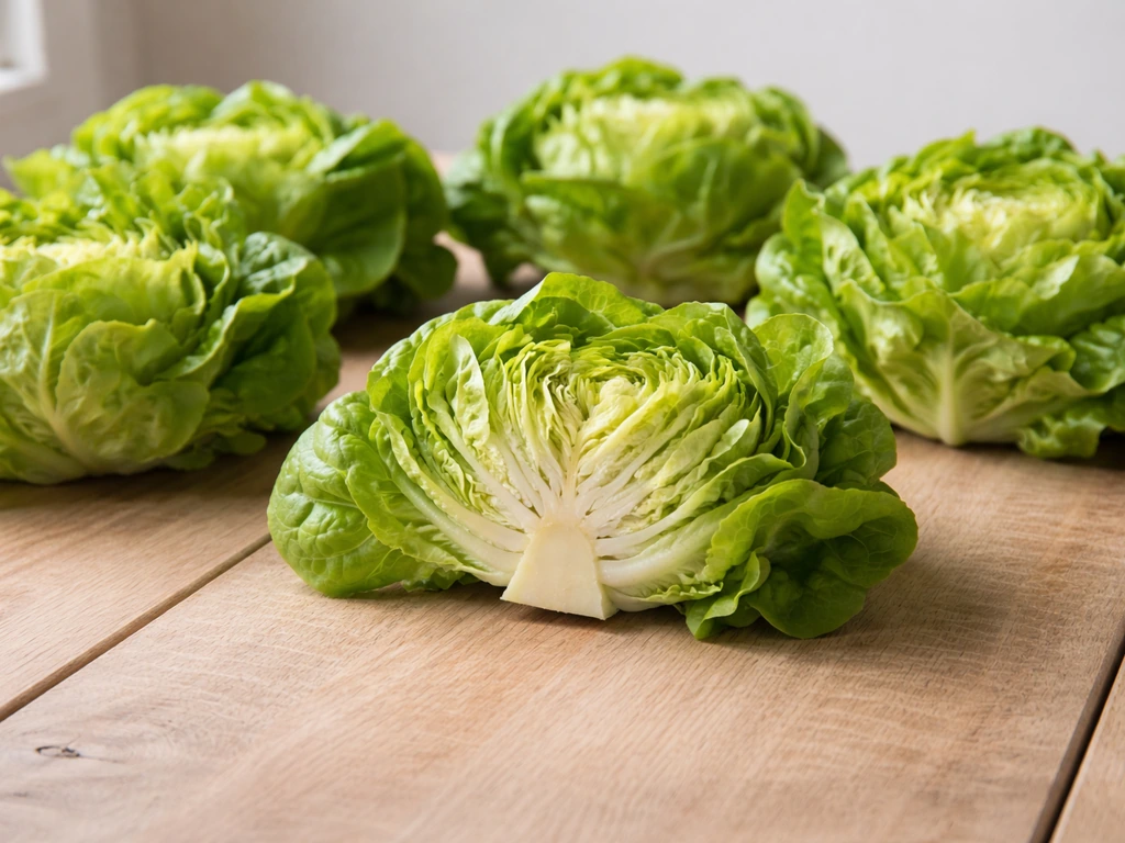 Fresh green lettuce heads on a wooden table, one showing a single cut at the base.