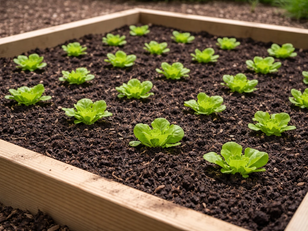 Raised garden bed with neat rows of lettuce seedlings in compost-rich soil