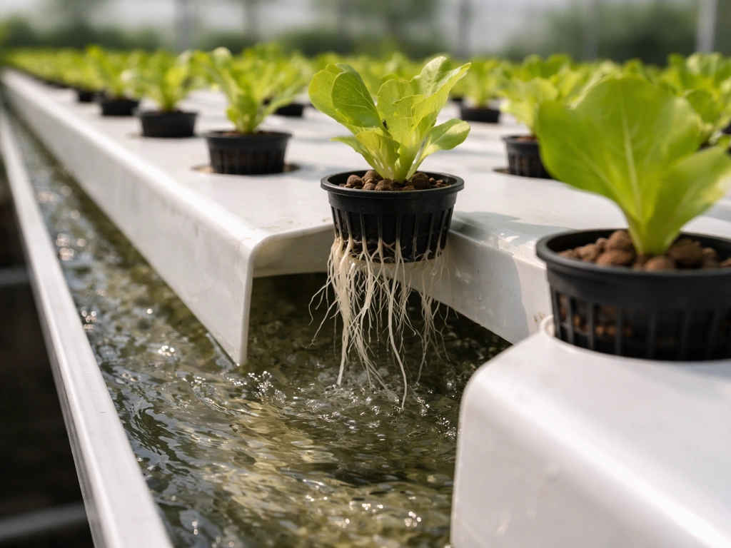 Green lettuce seedlings in net pots with a thin nutrient film flowing through an NFT hydroponic channel