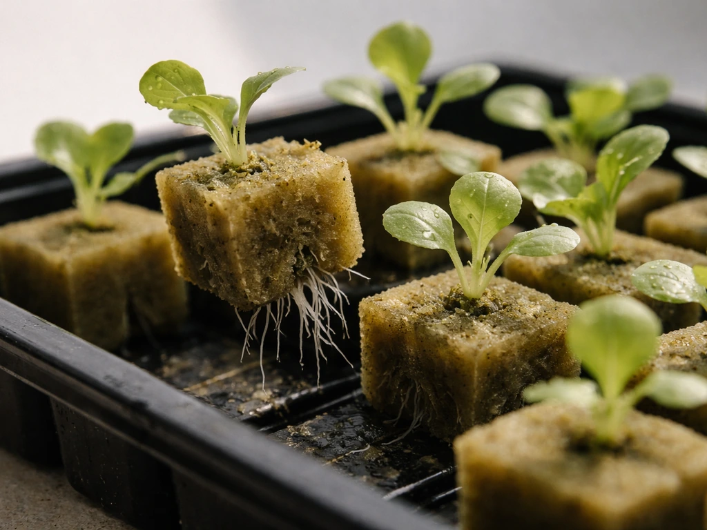 Close-up of rockwool plug cubes with small hydroponic lettuce seedlings and early white roots.