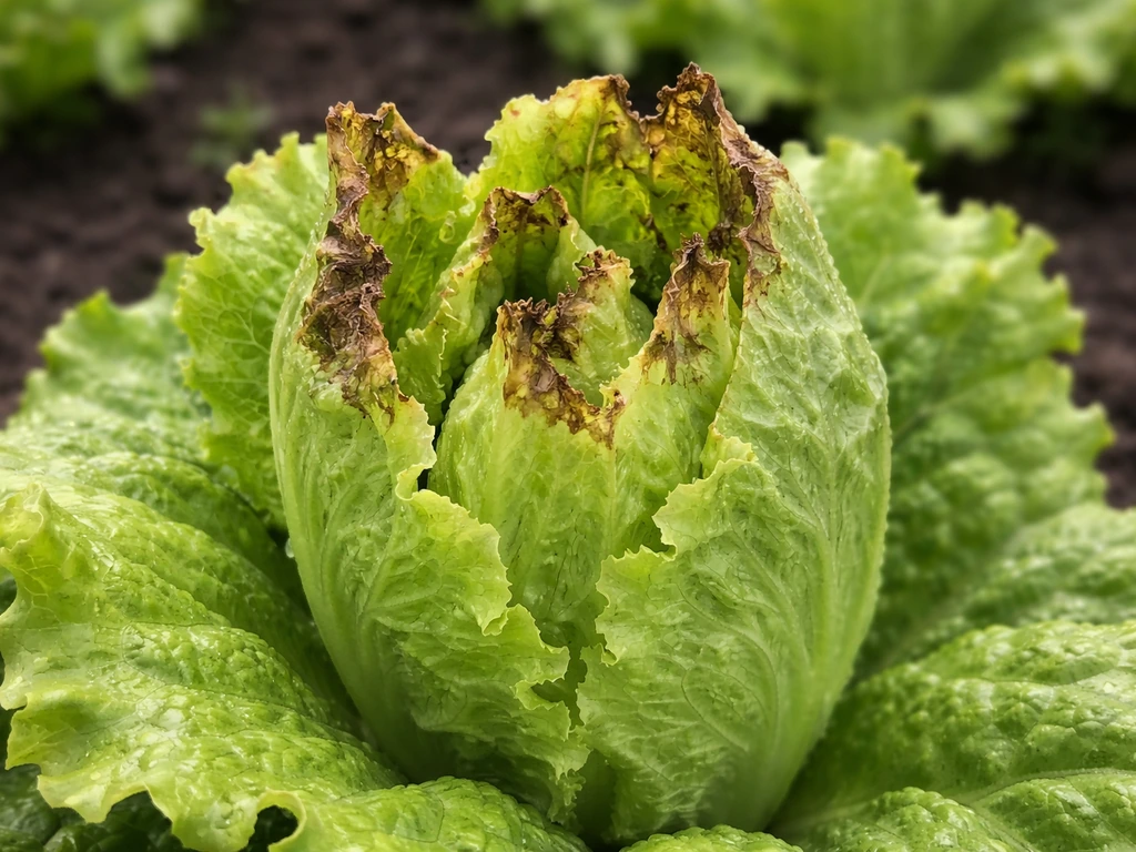 Close-up of inner lettuce leaves showing tipburn with browned edges and necrosis at the tips.