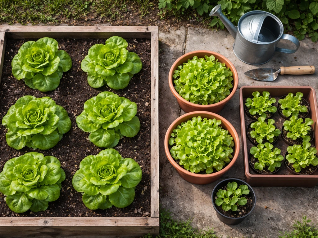 Top-down view of healthy lettuce plants in a home bed and containers, showing practical growing setup
