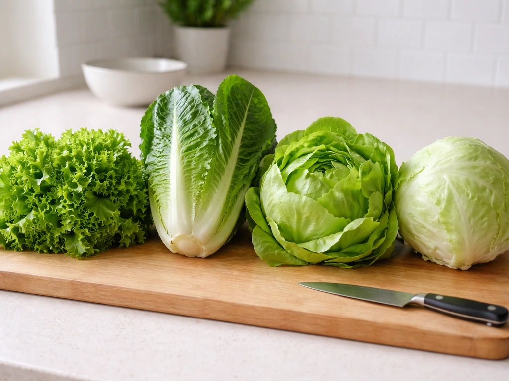 Fresh lettuce varieties on a kitchen counter: loose-leaf, romaine, butterhead, and iceberg leaves