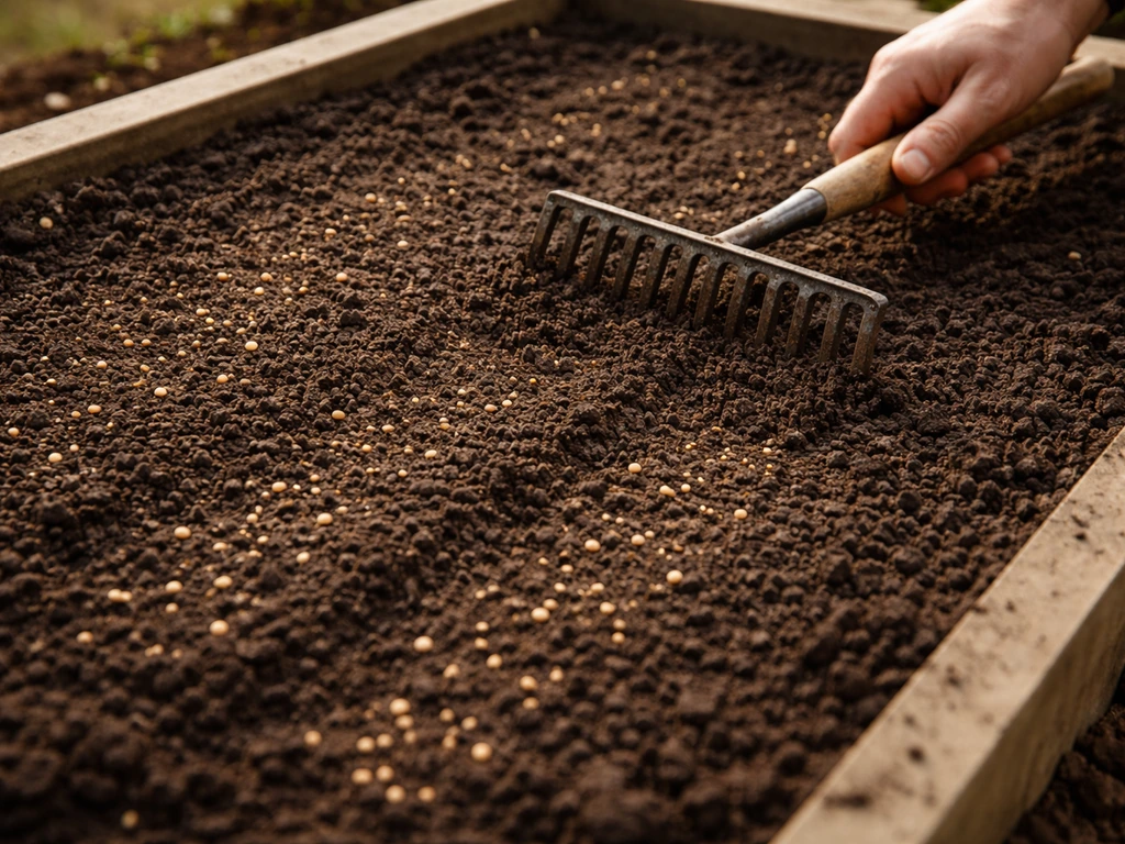Seeds scattered on a prepared raised garden bed with light raking to lightly cover them.