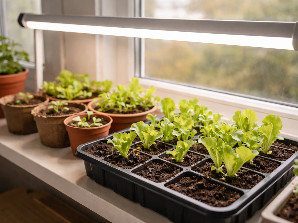 Lettuce seedlings in small pots under an LED grow light beside a sunlit window