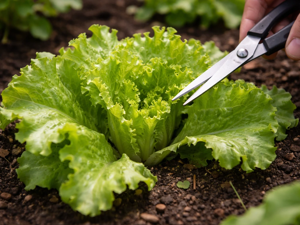 Fresh loose-leaf lettuce outdoors as outer leaves are snipped with scissors, inner crown left intact.