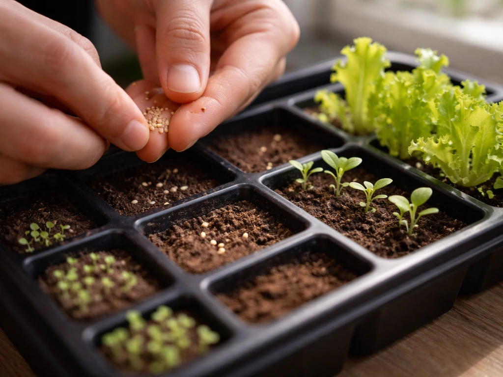Hands planting lettuce seeds in a hydroponic tray with nearby sprouts and mature leaves visible.