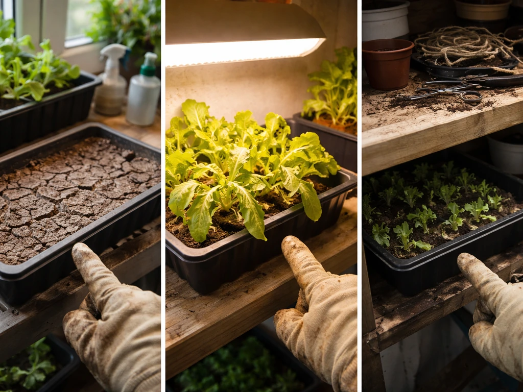 Minimal indoor lettuce setup showing dry soil, wilted seedlings, and an neglected tray under a cluttered surface.