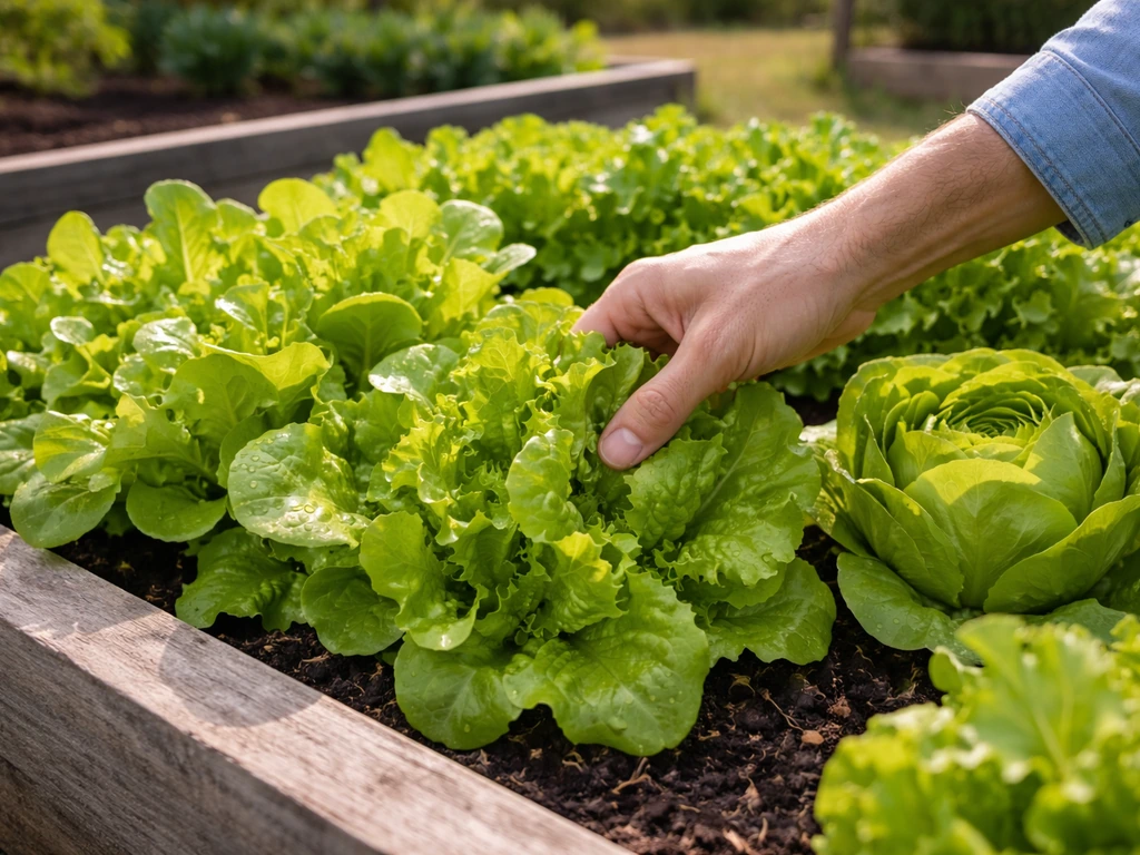 Fresh lettuce ready to pick in a home garden raised bed, with crisp green leaves in natural sunlight.