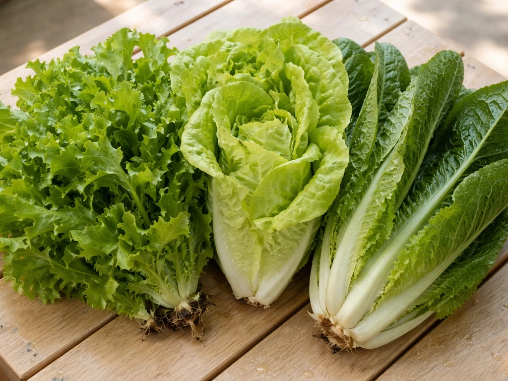 Close-up of loose-leaf, butterhead, and romaine lettuces laid out on a wooden surface.