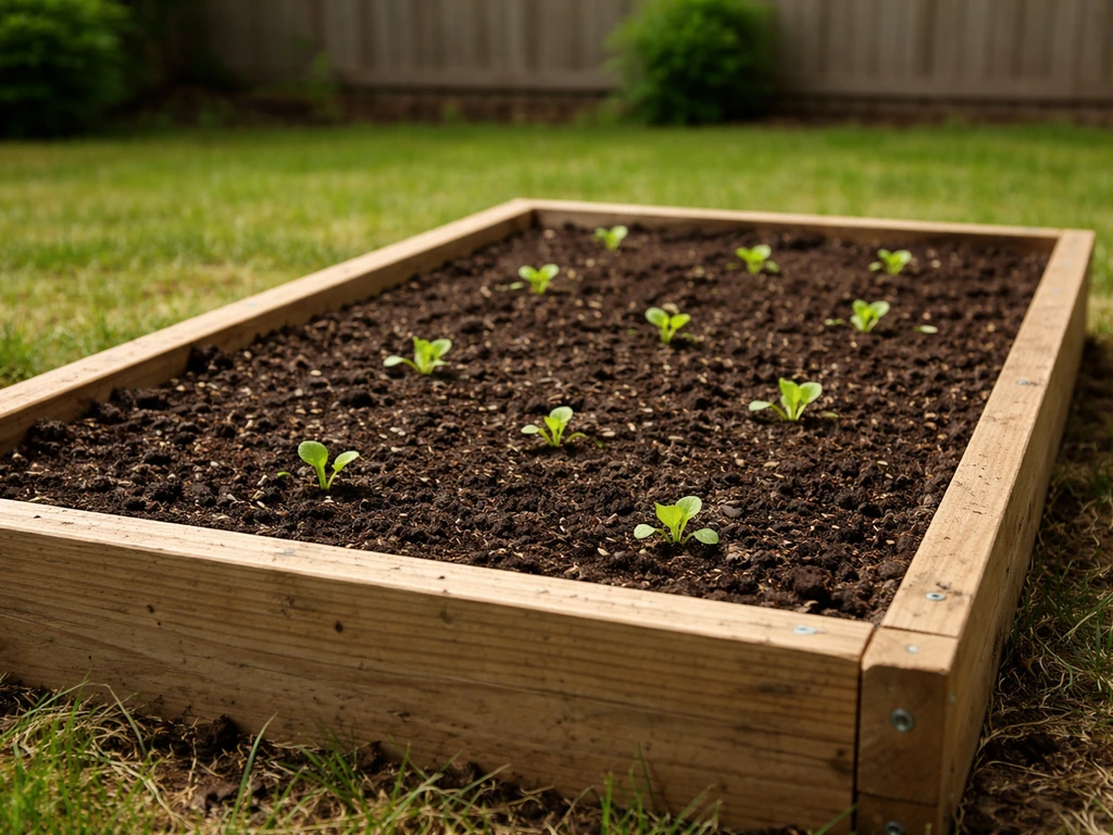 Raised outdoor garden bed filled with dark soil/compost, ready for lettuce, in a quiet yard.
