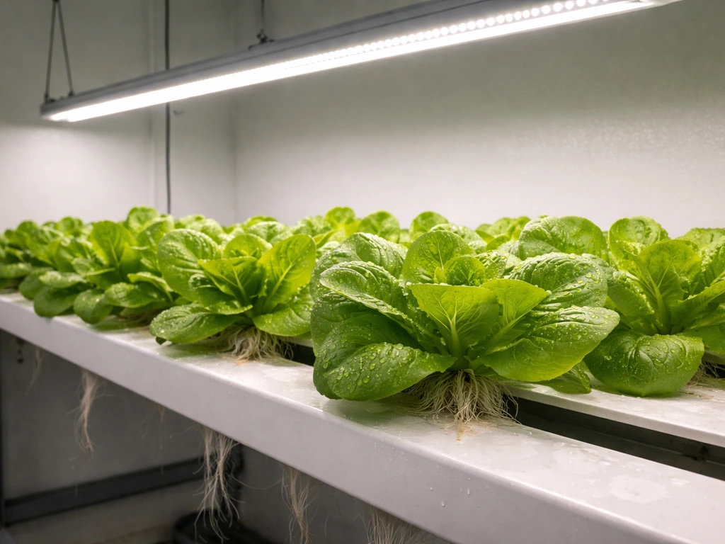 Fresh lettuce growing in a simple indoor hydroponic setup under LED grow lights.