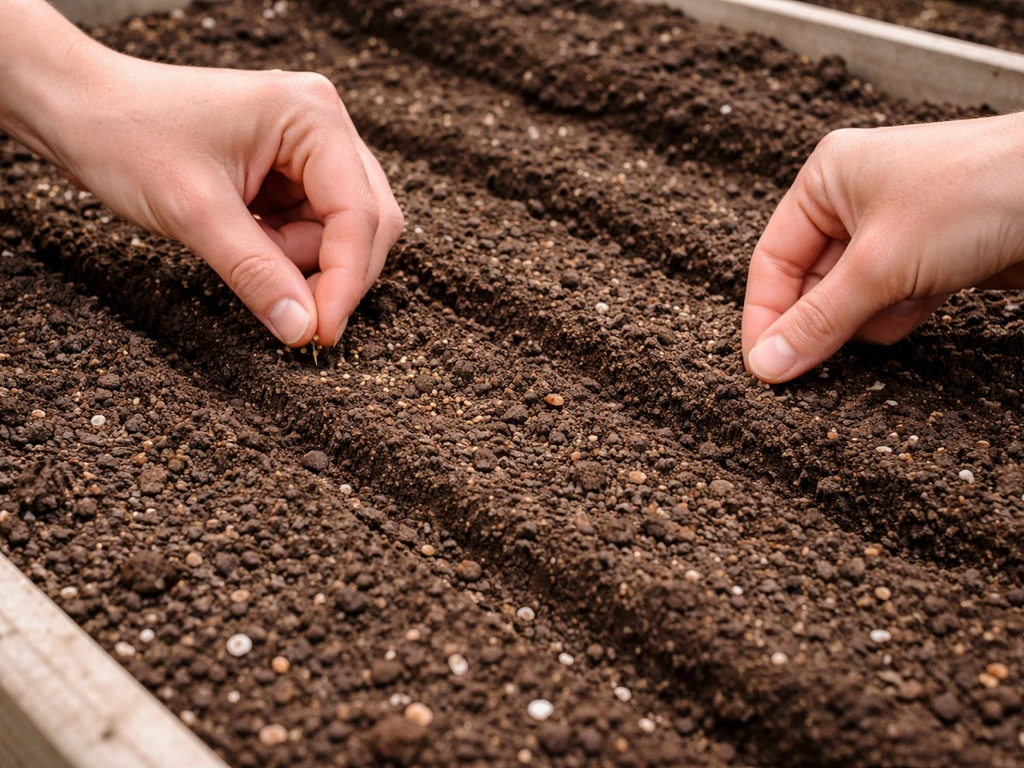 Hands placing lettuce seeds into shallow prepared rows of dark garden soil in a raised bed.