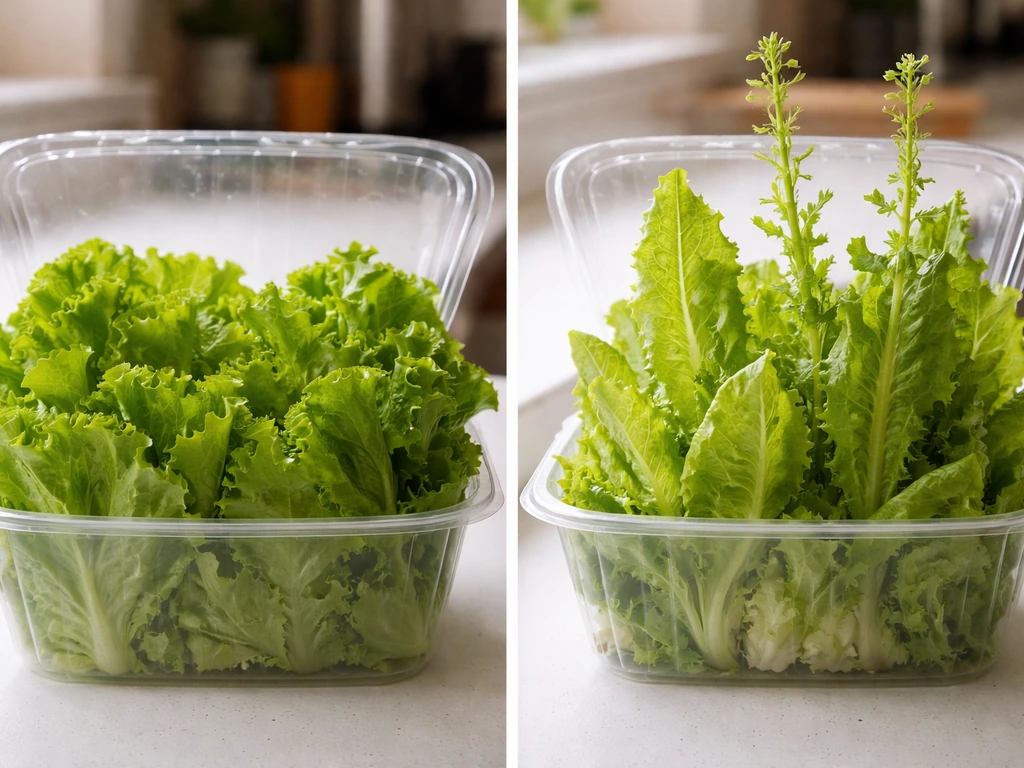 Split view of crisp non-bolting lettuce leaves and another with a visible flower stalk bolt