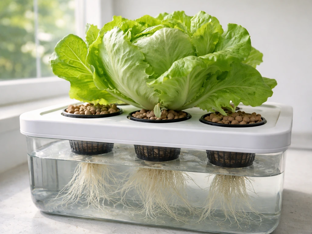 Crisp iceberg lettuce growing in a home hydroponic system with net pots, hydroton, and visible roots.
