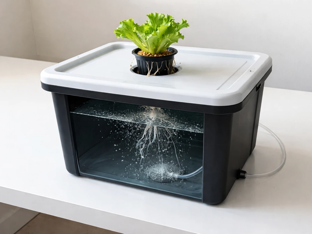 Deep water culture hydroponic setup with air stone and net pot holding iceberg lettuce roots