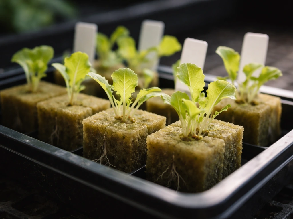 Close-up of iceberg lettuce seed-start rockwool cubes with small seedlings ready for transplant.