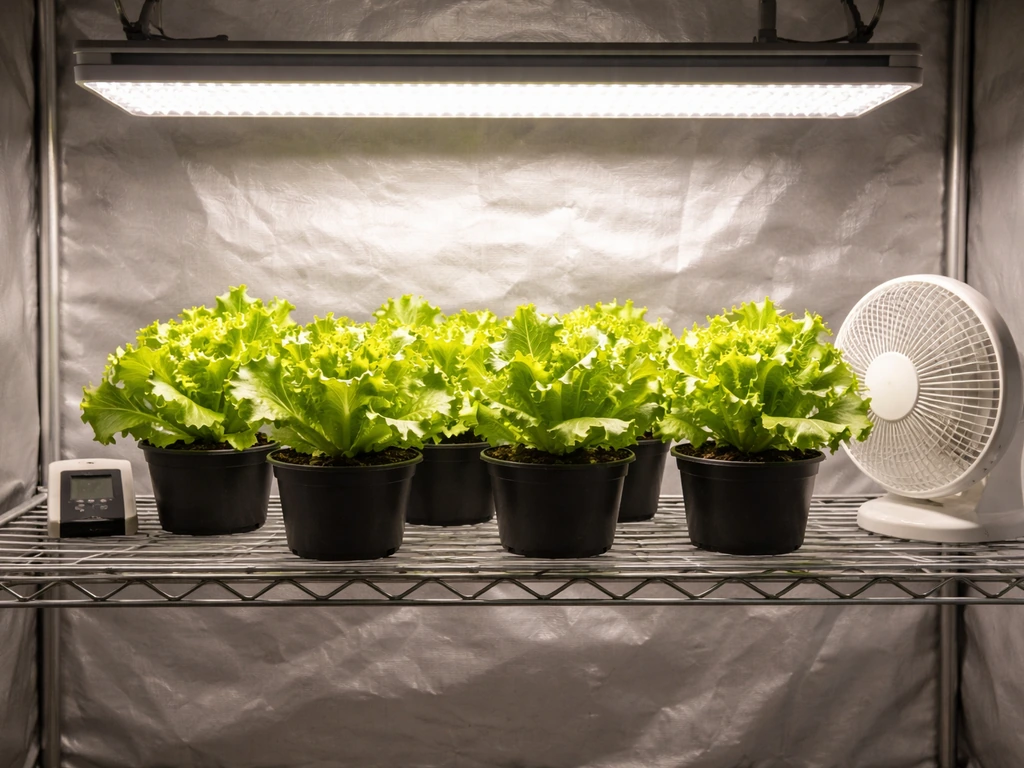 Iceberg lettuce under an LED grow light with a small thermometer and oscillating fan in a clean indoor shelf tent.