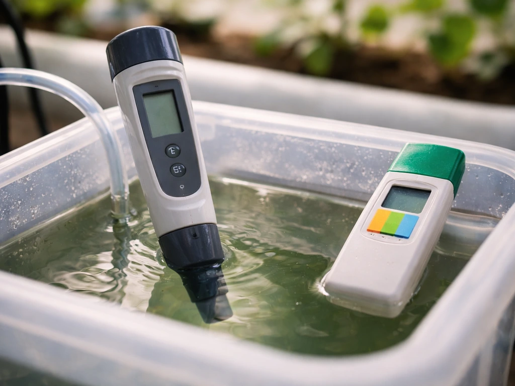 Close-up of an EC meter probe in hydroponic reservoir with a nearby pH meter for testing solution.