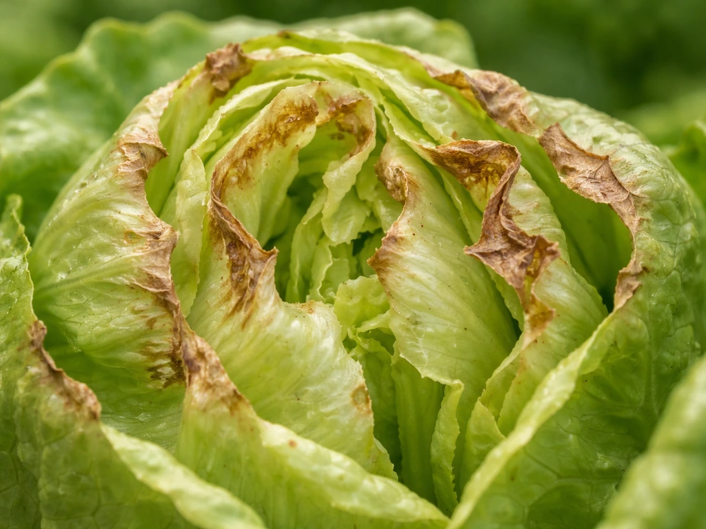 Close-up of inner lettuce leaf edges showing brown, papery tipburn damage.
