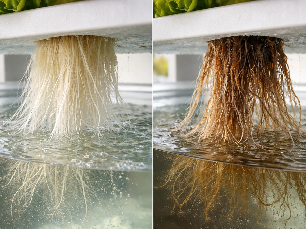 Split view of white slightly fuzzy hydroponic lettuce roots next to brown slimy roots showing rot.